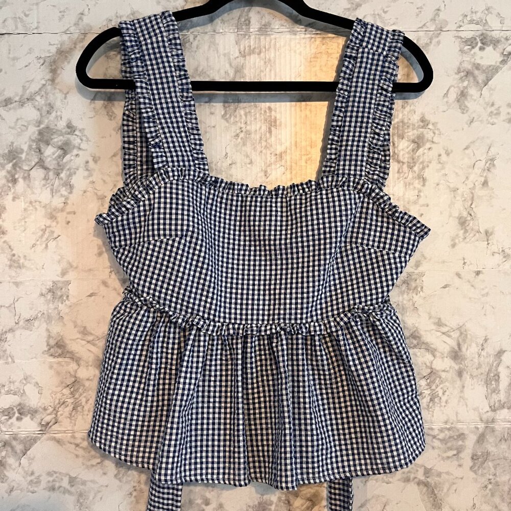 Mi Ami Bow Back Blouse Francesca's Size Small Blue/White Gingham Check Mary Ann